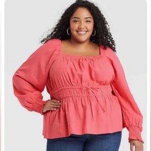 Ava & Viv Long Sleeve Peplum Top in Coral Women's 2XL Smocked NWT